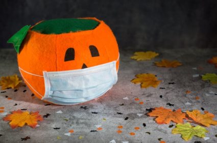 Halloween pumpkin with face mask, covid coronavirus prevention